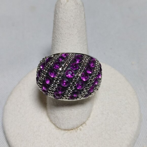Beehive Dome Ring Purple Rhinestones Size 9 Beaded Accents Vintage Silver Tone - Picture 3 of 10